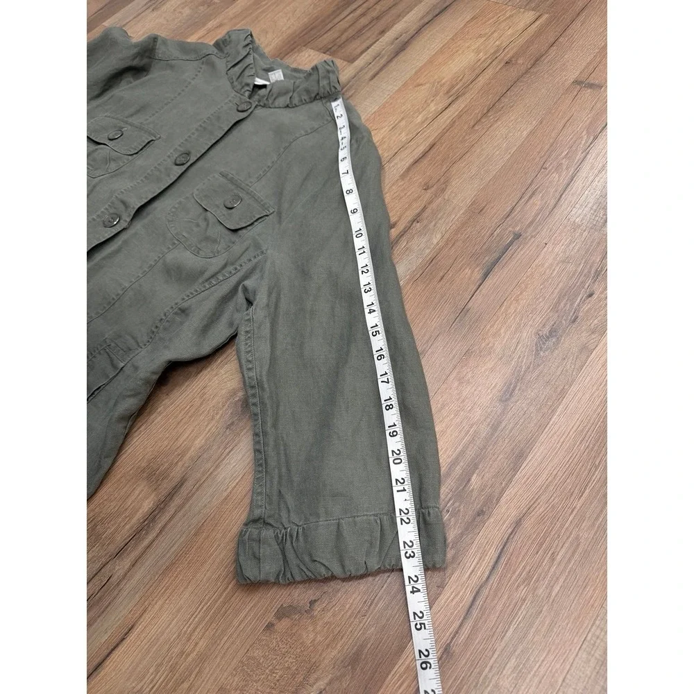 Chico's Linen Utility Jacket Olive Green Ruffle Hem Boho Large‎ XL